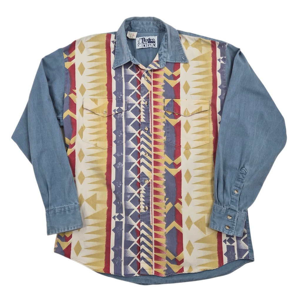 Vintage Roper Rodeo‎ Blue Mens Large Southwestern Western Denim Shirt